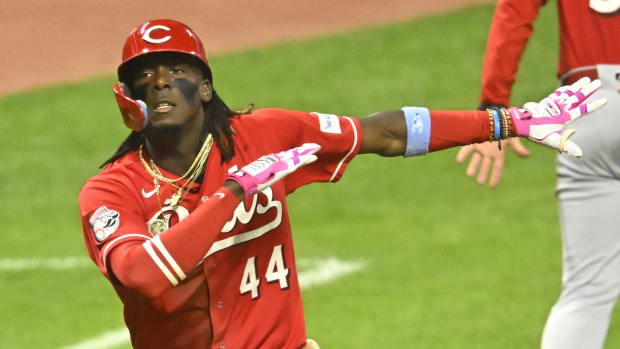 Sep 26, 2023; Cleveland, Ohio, USA; Cincinnati Reds shortstop Elly De La Cruz (44) celebrates his two-run home run in the ninth inning against the Cleveland Guardians at Progressive Field. Mandatory Credit: David Richard-USA TODAY Sports  